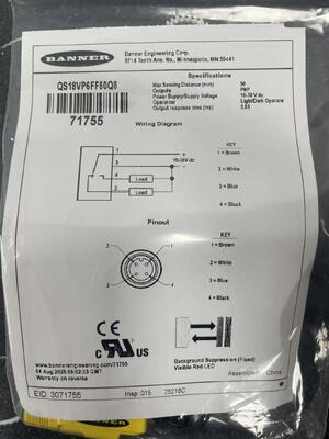 बैनर QS18VP6FF50Q8 उच्च-विश्वसनीयता फिक्स्ड-फील्ड फोटोइलेक्ट्रिक सेंसर